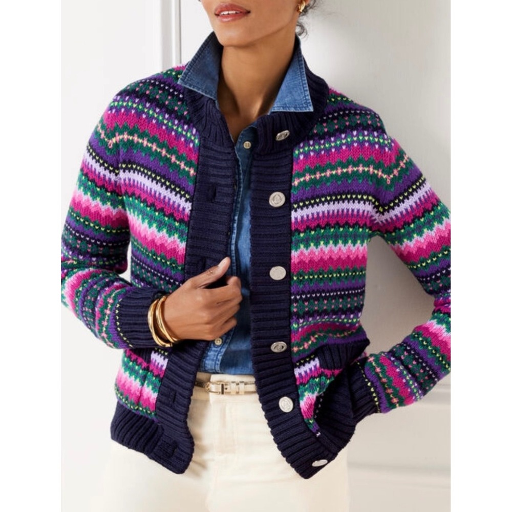 Talbots Womens Small Fair Isle Button Front Cardigan Multi-Color Preppy CN4982